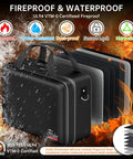 Fireproof And Water Resistant Document Box With Lock, hard shell safe case layers, showing accordion file organizer, flames and water.
