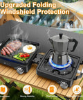 Two Burner Camping Stove With 24000 BTU Total Heat, Foldable Propane Stove Includes Carry Bag, Windscreen And Griddle. Cooking setup with griddle and moka pot on outdoor table.