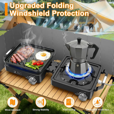 Two Burner Camping Stove With 24000 BTU Total Heat, Foldable Propane Stove Includes Carry Bag, Windscreen And Griddle. Cooking setup with griddle and moka pot on outdoor table.
