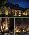 All In One LED Low Voltage Landscape Lighting Kit With 12 Waterproof Garden Lights 60W Transformer 100Ft Wire And Quick Connectors 3000K Warm White Outdoor Spotlight System For Garden Yard Trees Pathways Easy Install Bundle illuminating a house and garden at night.
