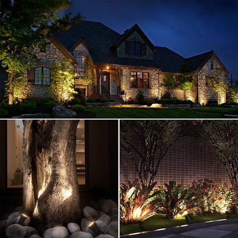 All In One LED Low Voltage Landscape Lighting Kit With 12 Waterproof Garden Lights 60W Transformer 100Ft Wire And Quick Connectors 3000K Warm White Outdoor Spotlight System For Garden Yard Trees Pathways Easy Install Bundle illuminating a house and garden at night.