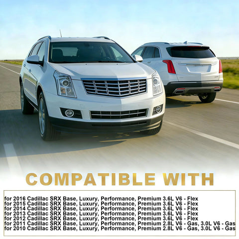 Front view of white Cadillac SRX SUV on highway; another SRX behind; banner reads COMPATIBLE WITH.
