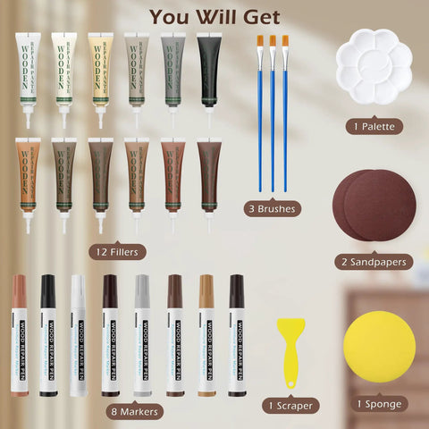 Professional Wood Furniture Repair Kit With Twelve Shade Fillers And Eight Touch Up Markers including tools for wood repair.
