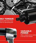 Beefy Half Inch Air Impact Wrench With Pistol Grip Friction Ring Retainer Variable Power 590 Ft-Lb Max Torque Built Tough