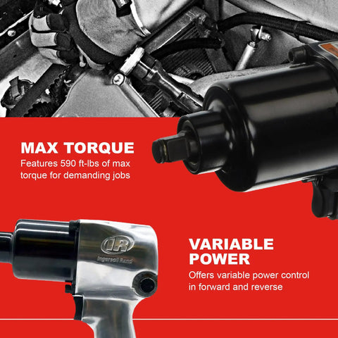 Beefy Half Inch Air Impact Wrench With Pistol Grip Friction Ring Retainer Variable Power 590 Ft-Lb Max Torque Built Tough