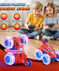 Children playing with Rechargeable RC Car For Kids With 360 Flips 4WD Stunt Vehicle With Bright LED Lights Totally Rad Outdoor Toy Gift
