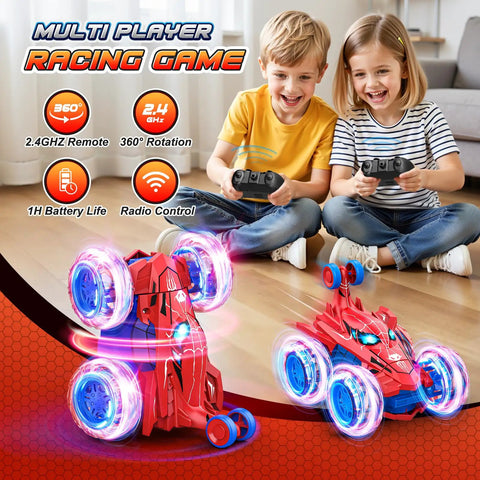 Children playing with Rechargeable RC Car For Kids With 360 Flips 4WD Stunt Vehicle With Bright LED Lights Totally Rad Outdoor Toy Gift
