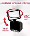 Two Pack Wireless Battery Operated LED Flood Lights With Motion Sensor showing 280° head rotation and 180° swivel feature.