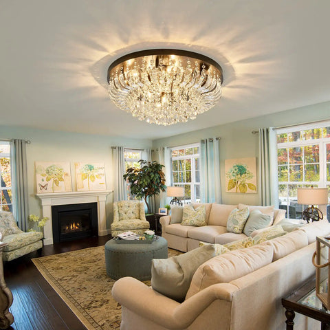 9 Light Crystal Modern Flush Mount Ceiling Light Fixtures In Black Dope Luxury Large Chandeliers Style in elegant living room.