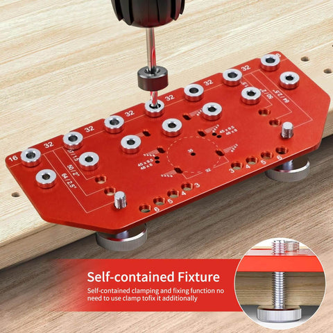 2 In 1 Shelf Pin And Hinge Jig For DIY Cabinets And Home Projects shown clamping to wooden board with drill inserted
