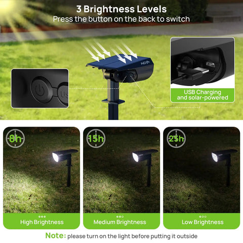 Ultra Bright Outdoor Solar Spot Lights IP68 Waterproof Landscape Spotlights, 3 Modes, USB And Solar Powered Wall Lights