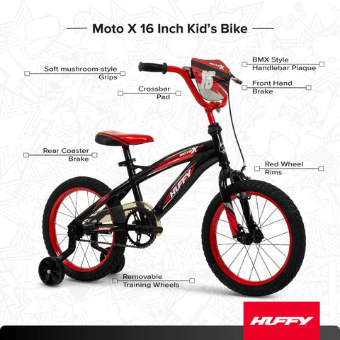 Moto X 16 Inch Boys Bike For Ages 4 To 6 Red And Black Frame Removable Training Wheels Chain Guard For Safety Adjustable Seat Height Easy Setup Durable Kids Bicycle For Safe Fun Rides