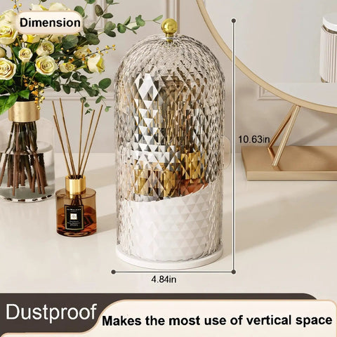 Rotating Makeup Brush Holder With Lid Diamond Pattern Storage Box For Vanity And Bathroom 360 Degree Spin Waterproof Dustproof Sliding Door Organizer For Brushes And Tools With A Dope White Finish