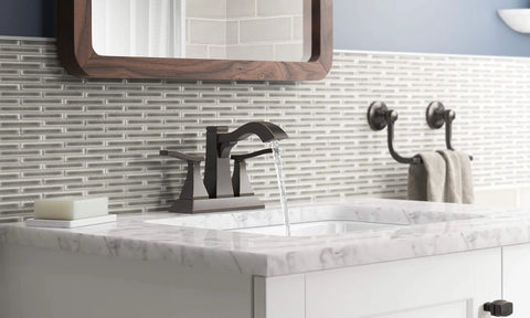 Truss Center Set Lavatory Faucet With Lever Handles Craftsman Inspired Bathroom Tap with water running into a white sink