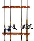 Solid Pine Horizontal Ceiling Rod Rack For Fishing Gear And Storage Holds Up To Nine Fishing Rods Easy Mount Space Saving Ceiling Organizer For Garages And Sheds displayed with rods