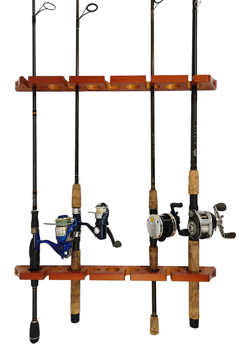 Solid Pine Horizontal Ceiling Rod Rack For Fishing Gear And Storage Holds Up To Nine Fishing Rods Easy Mount Space Saving Ceiling Organizer For Garages And Sheds displayed with rods