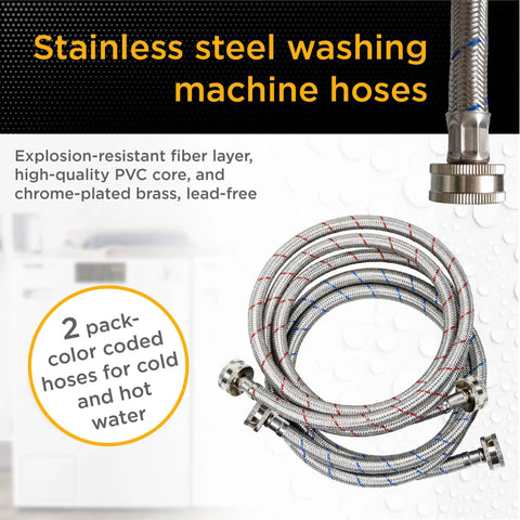 Ultra Wide 4 Ft Washing Machine Hose Set With Straight Connectors Three Quarter Inch NPT Fittings Stainless Steel PVC Build