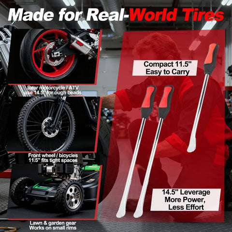 38 Piece Tire Spoon Tool Set Heavy Duty With 14.5 Inch And 11.5 Inch Levers Pro Grade shown with tires and levers