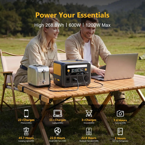 600W Portable Power Station With 268.8Wh Lifepo4 Battery And Pure Sine Wave Output for outdoor use, powering devices while camping.