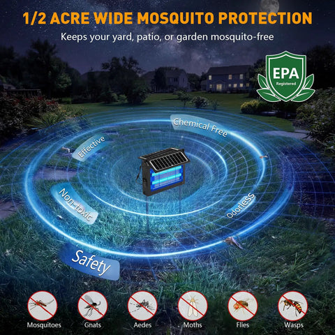 Cordless Solar Bug Zapper Outdoor 4500V with dual solar panels and IPX5 waterproof rating, covers one half acre for mosquitoes control.