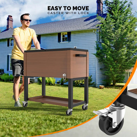 Man pushing 80 Quart Rolling Ice Chest On Wheels With Waterproof Cooler Cover for outdoor patio use, brown finish, on grass.