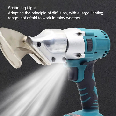 Close-up of Aolidsive Cordless Metal Shear delivering 400Nm torque, showcasing cutting blade and lighting feature for metal projects.