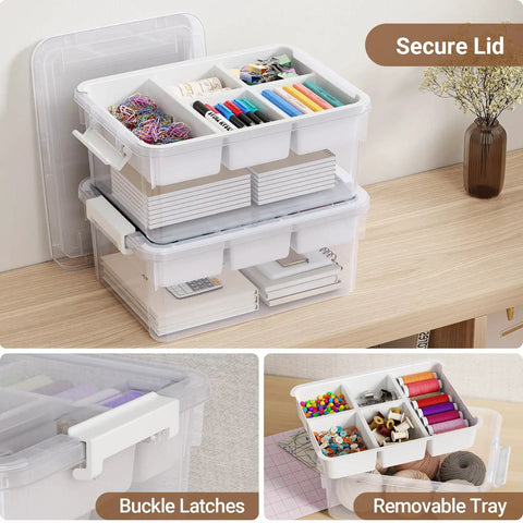 Stackable 40Qt Storage Bins With Lids And Trays, Clear Plastic Latching Boxes With Dividers On Desk, Arts And Crafts Organized