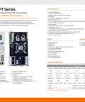 Switching Type Programmable DC Power Supply 100V 2A 200W Output With 4 Digit Display, Easy Calibration, PC Control, 11 Factory Modes, Last State Memory, 2 Year Warranty, The Go To Bench Lab Power Source for Pro Tinkerers., PT Series datasheet showing front and rear panel
