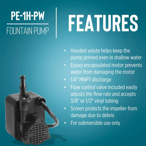 Tiny But Mighty Submersible Fountain Pump 115V 0.008 HP Epoxy Encapsulated with features like hooded volute and 6ft cord