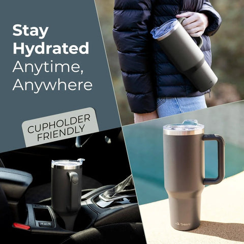 40 Oz Stainless Steel Tumbler With Handle And Straw For On The Go Hydration, shown in cupholder and carried, charcoal color.
