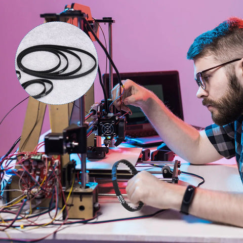 Technician working on a 3D printer with a close-up of 2 Pack 100XL Rubber Timing Belts With Pro Grade 50 Teeth 10 mm Wide 5.08 mm Pitch Synchronous Closed Loop Drive Belt For Industrial Machinery Beefy Black Gear Belts inset.
