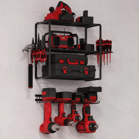 Power Tool Organizer Wall Mount Garage Shelf System, Heavy Duty 4 Tier Storage Rack With 140lb Capacity, tools stored neatly