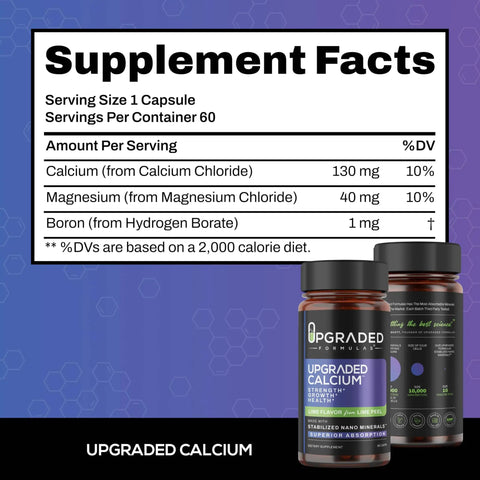 Calcium Supplement For Strong Bones And Joints, Promotes Hair And Skin Growth, Aids Muscle Recovery And Strength Gains, Keeps You Moving With Daily Wellness, 60 Capsules bottle and supplement facts label.