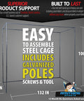 All-In-One Golf Simulator Enclosure Kit With 4K-Ready Impact Screen showing steel cage with galvanized poles, 132x100x66 inches