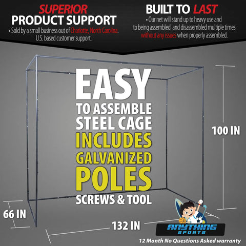 All-In-One Golf Simulator Enclosure Kit With 4K-Ready Impact Screen showing steel cage with galvanized poles, 132x100x66 inches