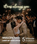 Wedding couple kissing under 'It Was Always You' neon sign with sparklers, Meilcen neon, easy 5-minute installation, romantic backdrop.