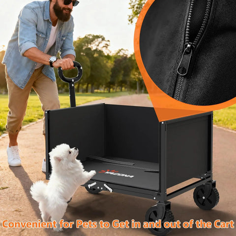 Man using 3 In 1 Foldable Wagon Cart With 360 Pounds Capacity Heavy Duty Collapsible Utility Wagon, black, with small dog hopping in