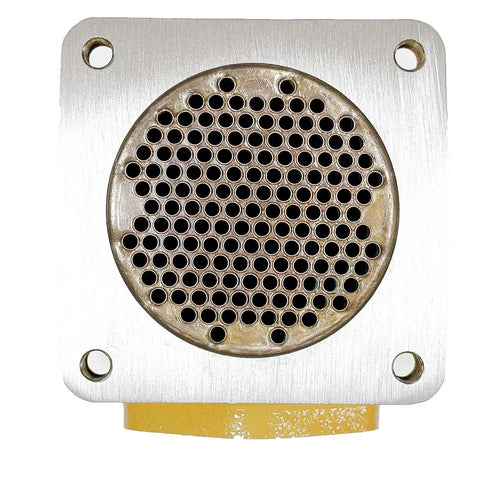 Get This 7N0128 Transmission Oil Cooler Element To Keep Your CAT Caterpillar Crawler Tractor And Loader Running Cool And Smooth With Easy Fit For Models Like D5 D4D D6C And 955K Today. metal CAT oil cooler element with round perforated core and four bolt holes