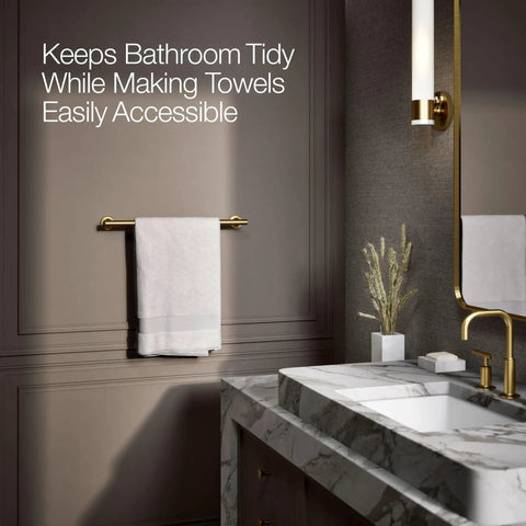 Purist 18-Inch Towel Bar In Vibrant Brushed Moderne Brass Dope Finish holding a towel in a modern bathroom setting.