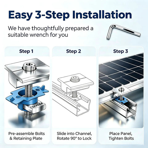 Easy 3-step installation guide for 20Pcs Solar Panel Mid Clamps For 30Mm And 35Mm Panels with wrench details.