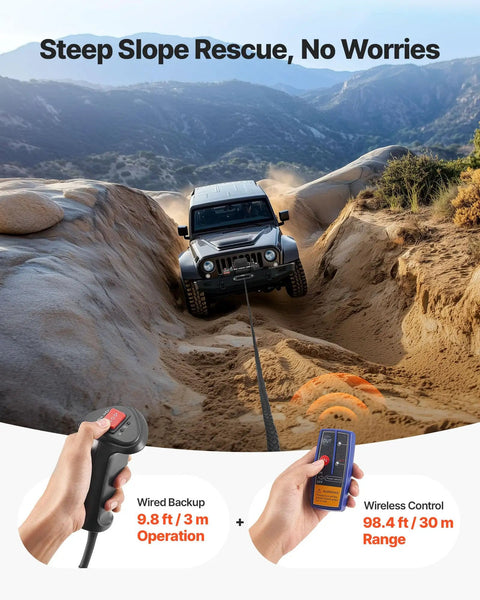 Beefy 13,500 Lb Electric Winch For Off Road Recovery, 12V DC Truck Winch With 3/8 In 85 Ft Synthetic Rope, Wireless And Wired Remote, IP55 Waterproof, Heavy Duty Recovery For SUVs Jeeps Trailers Boats on Jeep rock crawl