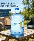 7.5L Water Jug With Screw Cap And Integrated Handle For Camping, Cooler Or Home Storage on a picnic table outdoors