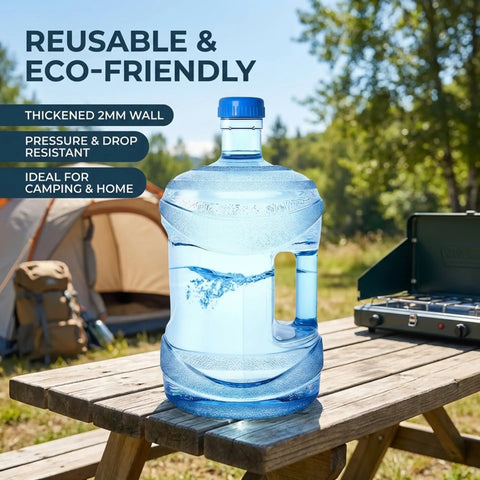 7.5L Water Jug With Screw Cap And Integrated Handle For Camping, Cooler Or Home Storage on a picnic table outdoors