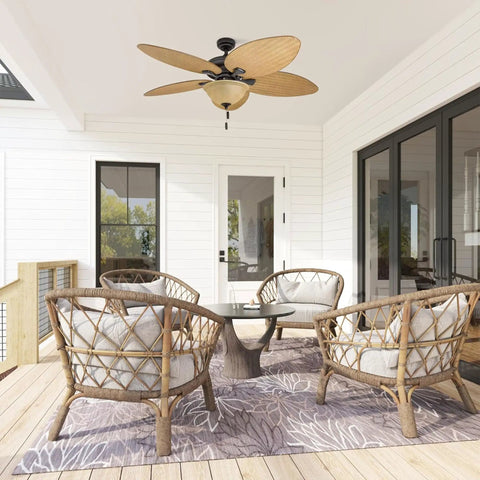 Palm Valley 52 Inch Tropical Ceiling Fan With Light For Indoors Or Outdoors Dual Mountable With Pull Chain Five Palm Leaf Blades