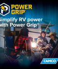Outdoor scene with people enjoying RV power; Heavy Duty 50 Foot 30 Amp RV Extension Cord With Standard Connectors Ultra Flexible Power Cable For Campers Electric Vehicles And Trailers Road Trip Ready Slick Build.