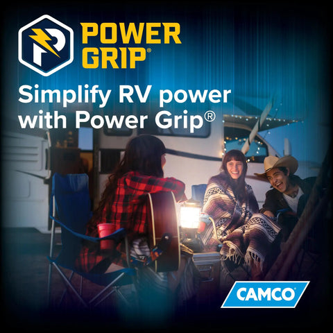 Outdoor scene with people enjoying RV power; Heavy Duty 50 Foot 30 Amp RV Extension Cord With Standard Connectors Ultra Flexible Power Cable For Campers Electric Vehicles And Trailers Road Trip Ready Slick Build.