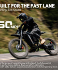 Heavy Duty Kickass 9000W Peak Motor Electric Dirt Bike riding at 60mph on a trail, showcasing speed and performance expertise.