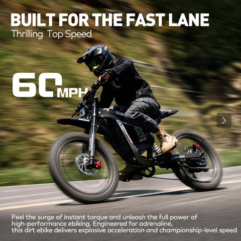 Heavy Duty Kickass 9000W Peak Motor Electric Dirt Bike riding at 60mph on a trail, showcasing speed and performance expertise.