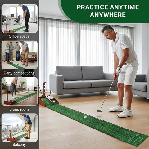 Portable Golf Putting Mat With Auto Ball Return For Indoor And Outdoor Practice 8Ft Length Realistic Green Speed in living room