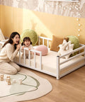 Toddler Floor Bed With Rails And Door, Montessori Low Profile Metal Platform Bed For 2 To 5 Years Old in a nursery setting